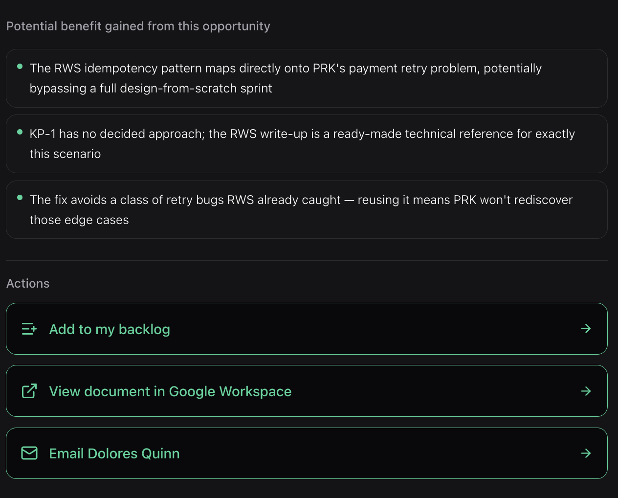 The bottom of an arbitrr opportunity: a 'Potential benefit gained from this opportunity' section listing three benefits, and below it an 'Actions' section offering three choices the person can take, each as an outlined button with an arrow: add to my backlog, view document in Google Workspace, or email a colleague.